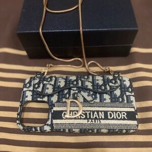 Dior OBLIQUE JACQUARD BLUE GRAINED CALFSKIN IPhone Case with Gold Chain